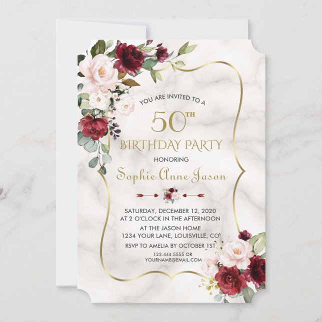 Burgundy Pink Flowers Gold Marble 50th Birthday Invitation (Front)