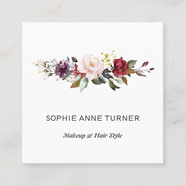 Burgundy Pink Flowers Professional Beauty Salon Square Business Card (Front)