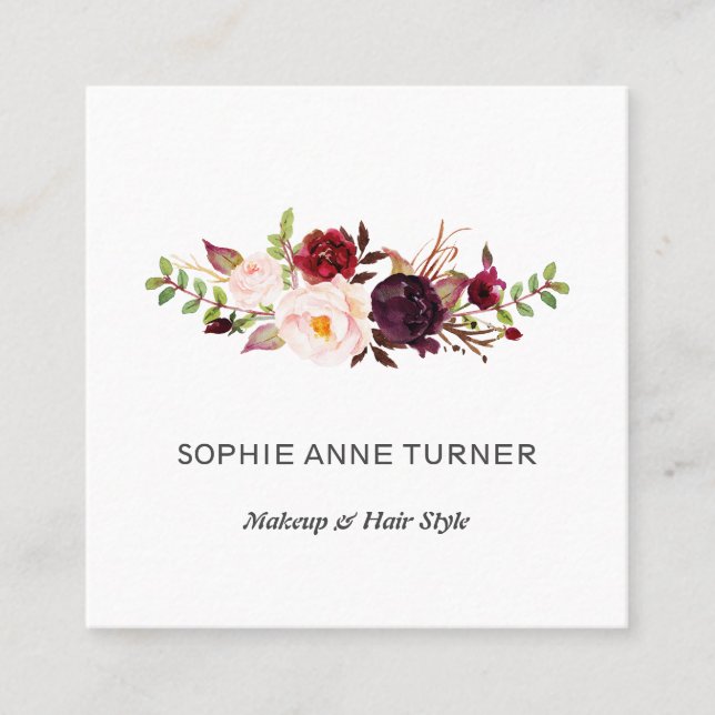 Burgundy Pink Flowers Professional Beauty Salon Square Business Card (Front)