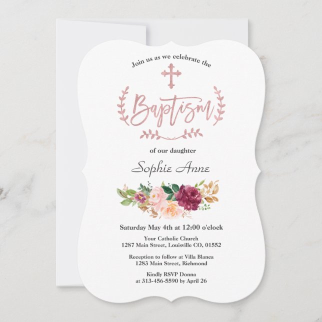Burgundy Pink Flowers Rose Gold Cross Baptism Invitation (Front)