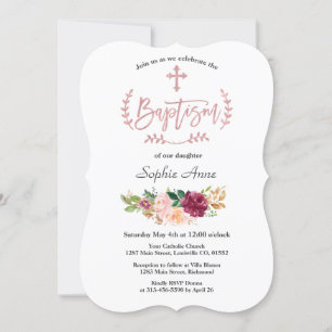 Burgundy Pink Flowers Rose Gold Cross Baptism Invitation