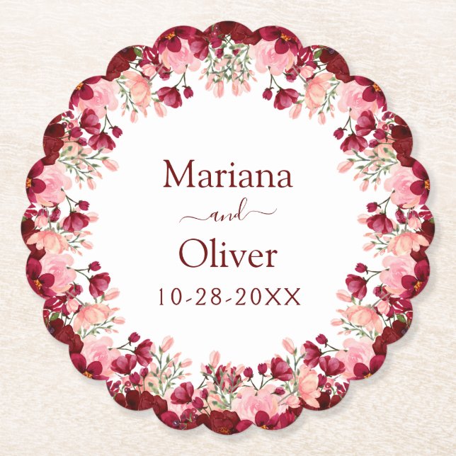 Burgundy Pink Flowers Wedding Paper Coaster (Front)