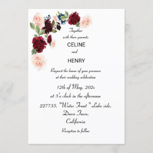 Burgundy Pink Forest Green wedding Invitation