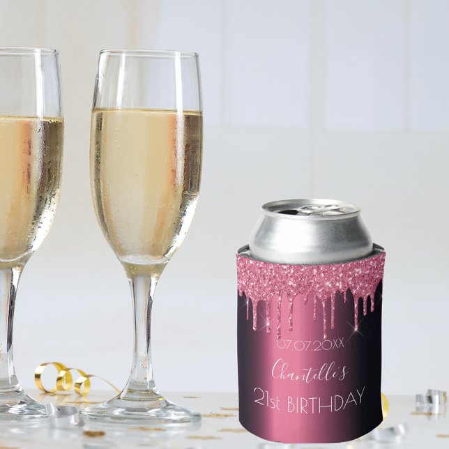 Burgundy pink glitter drips birthday party can cooler (Creator Uploaded)