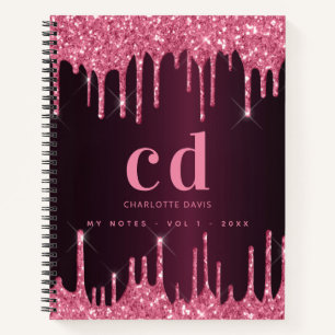 Burgundy pink glitter drips monogram initials name notebook
