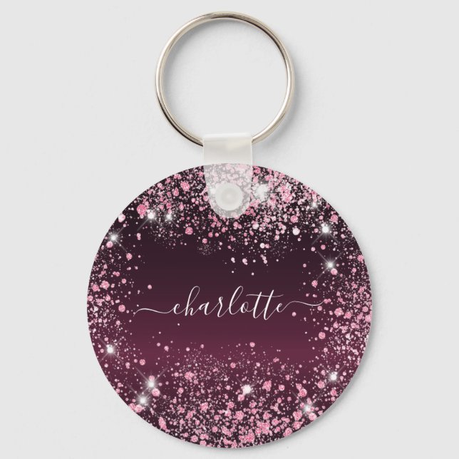 Burgundy pink glitter dust name script  key ring (Front)