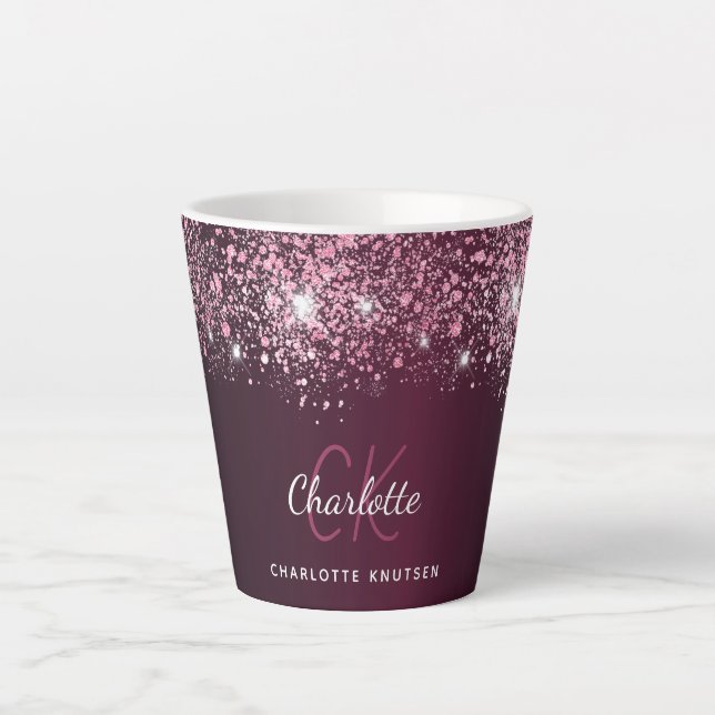 Burgundy pink glitter name script  latte mug (Front)