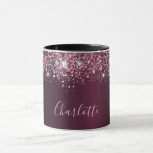 Burgundy pink glitter name script mug