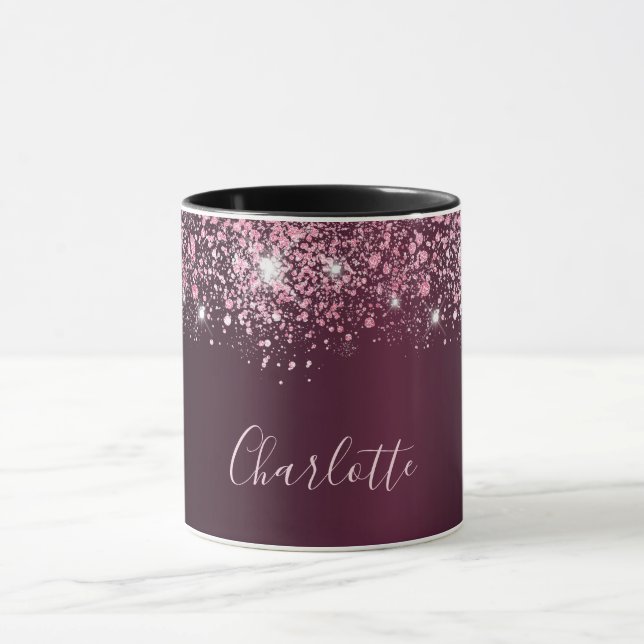 Burgundy pink glitter name script mug (Center)