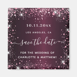 Burgundy pink glitter wedding save the date magnet
