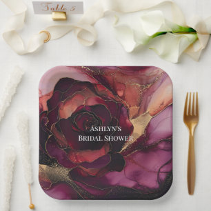 Burgundy Pink Gold Floral Bridal Shower Paper Plate