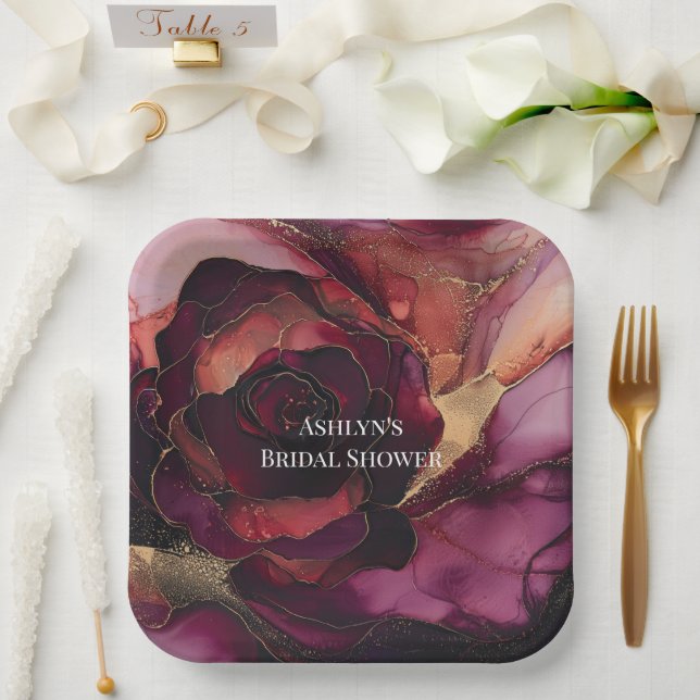 Burgundy Pink Gold Floral Bridal Shower Paper Plate (Wedding)