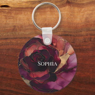 Burgundy Pink Gold Floral  Key Ring