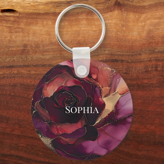 Burgundy Pink Gold Floral  Key Ring (Front)