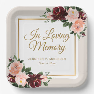 Burgundy Pink Gold Floral Memorial Funeral Paper Plate