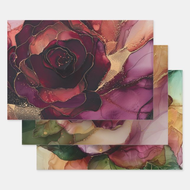 Burgundy Pink Gold Floral  Wrapping Paper Sheet (Set)