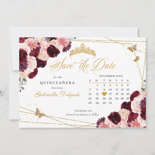 Burgundy Pink & Gold Quinceañera Save The Date Invitation (Front)