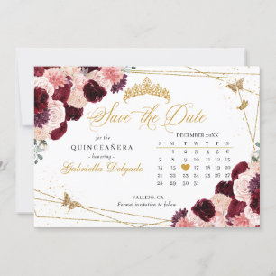Burgundy Pink & Gold Quinceañera Save The Date Invitation
