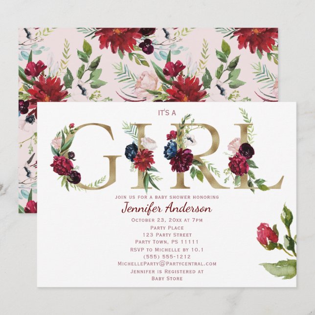 Burgundy Pink Gold Rose Baby Girl Shower Invitation (Front/Back)