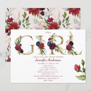 Burgundy Pink Gold Rose Baby Girl Shower Invitation
