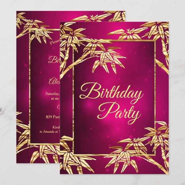 Burgundy Pink Golden Bamboo Birthday Party Invitation (Front/Back)