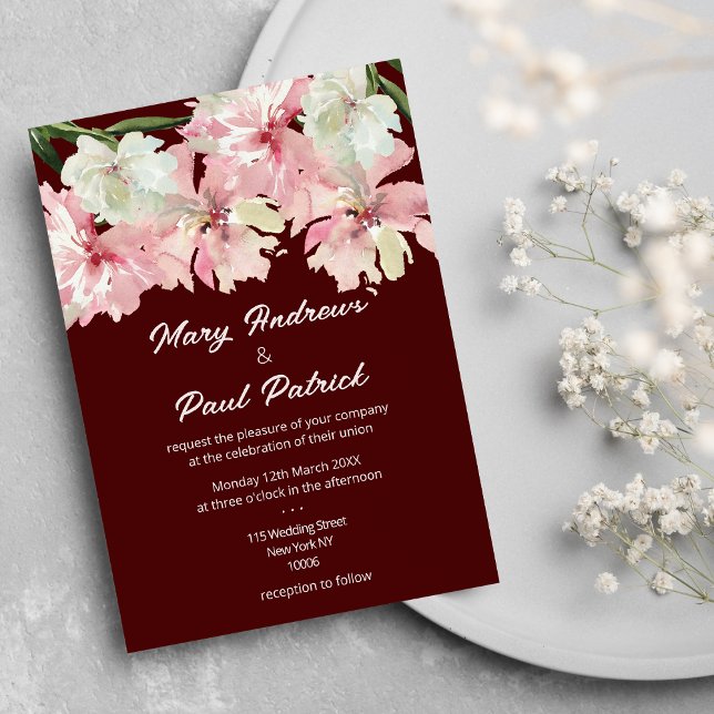 Burgundy pink green watercolor flowers Wedding Invitation (Burgundy pink green watercolor flowers Wedding)