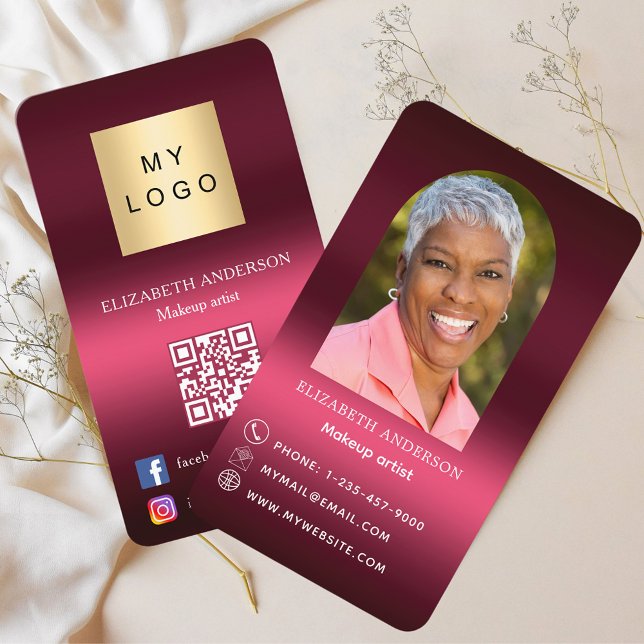Burgundy pink logo photo arch Qr code social media Business Card (Creator Uploaded)