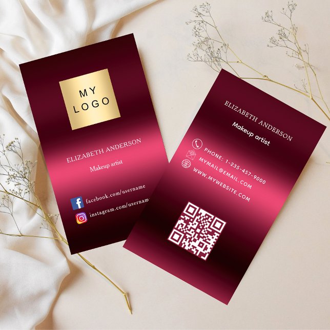 Burgundy pink logo Qr code social media premium Business Card (Creator Uploaded)