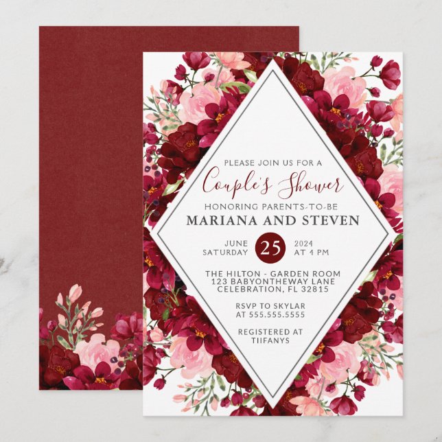 Burgundy Pink Modern Floral Couples Baby Shower Invitation (Front/Back)