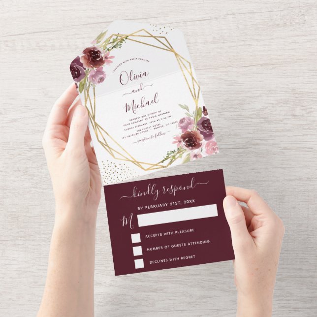 Burgundy Pink Modern Geometric Floral Wedding All In One Invitation (Tearaway)