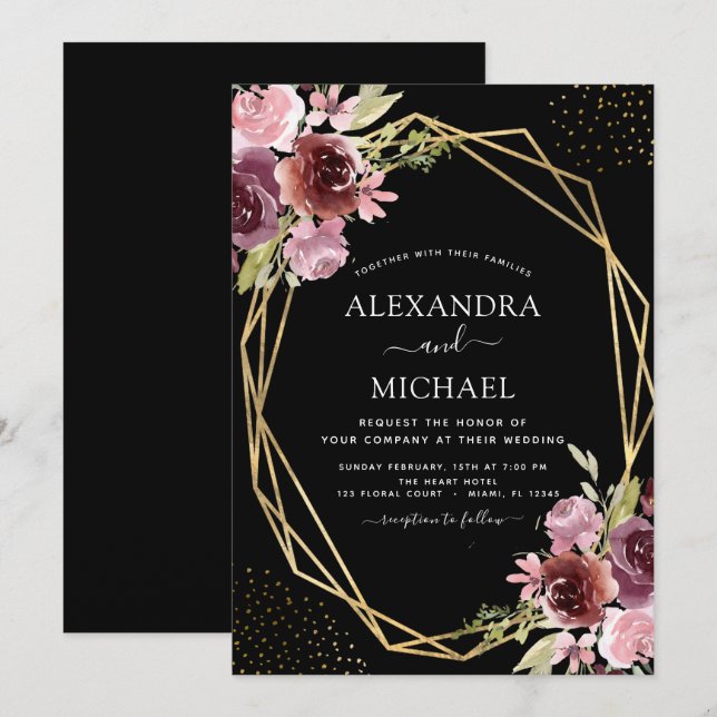 Burgundy Pink Modern Geometric Floral Wedding Invitation (Front/Back)
