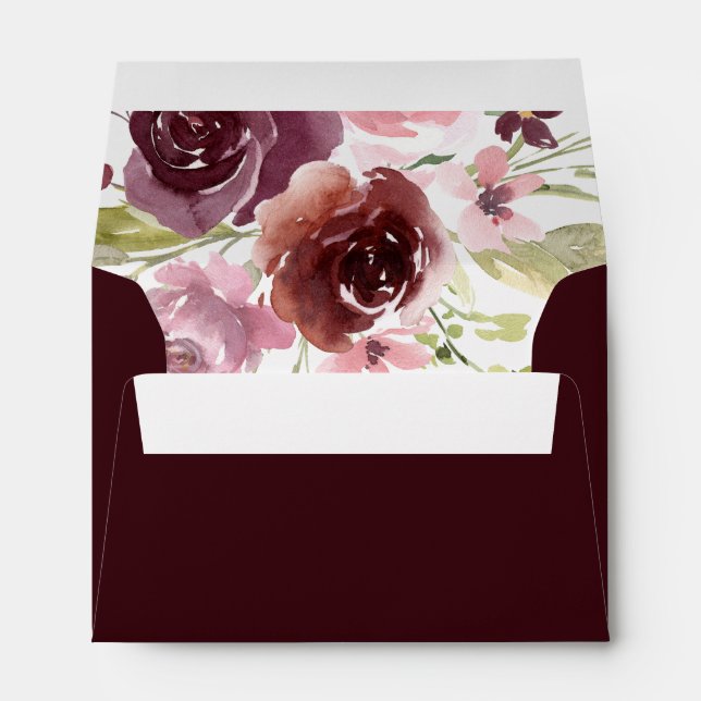 Burgundy Pink Modern Watercolor Floral Wedding Envelope (Back (Bottom))
