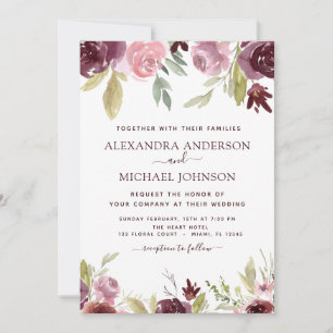 Burgundy Pink Modern Watercolor Floral Wedding Invitation