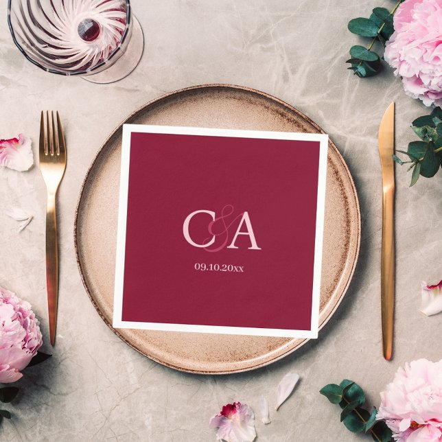 Burgundy pink monogram wedding napkin (Creator Uploaded)