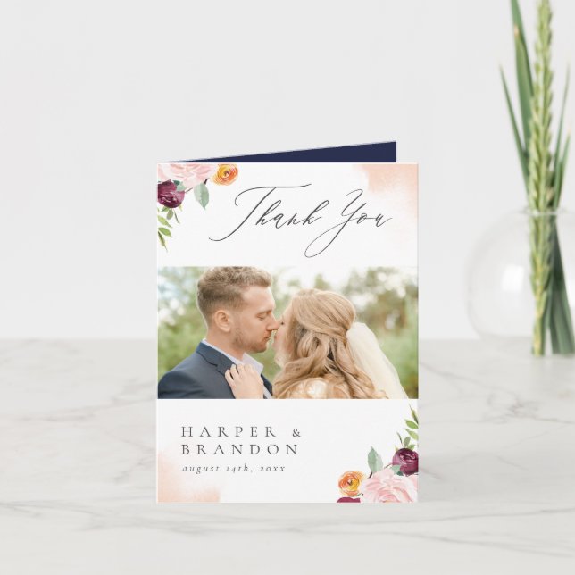 Burgundy Pink Navy Floral Botanical Thank You Card (Front)
