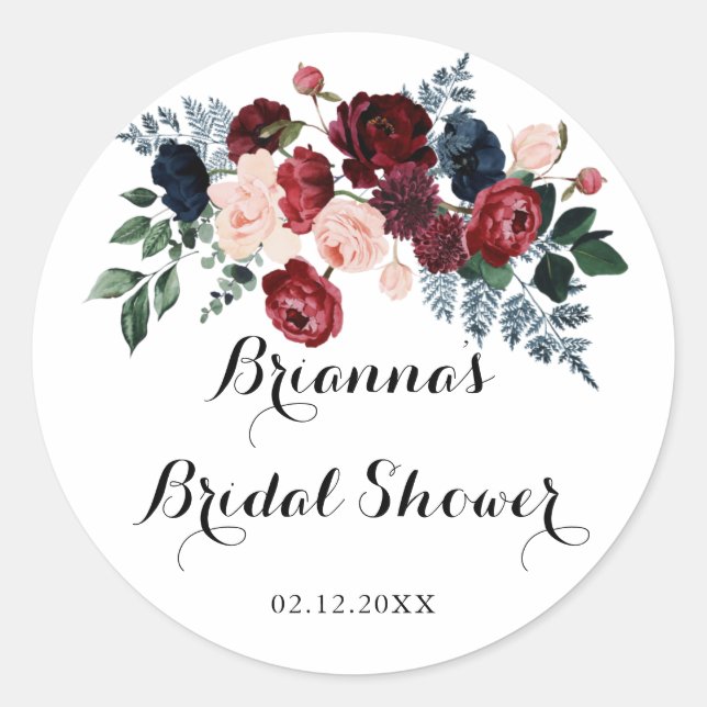 Burgundy Pink Navy Floral Bridal Shower Favour Classic Round Sticker (Front)