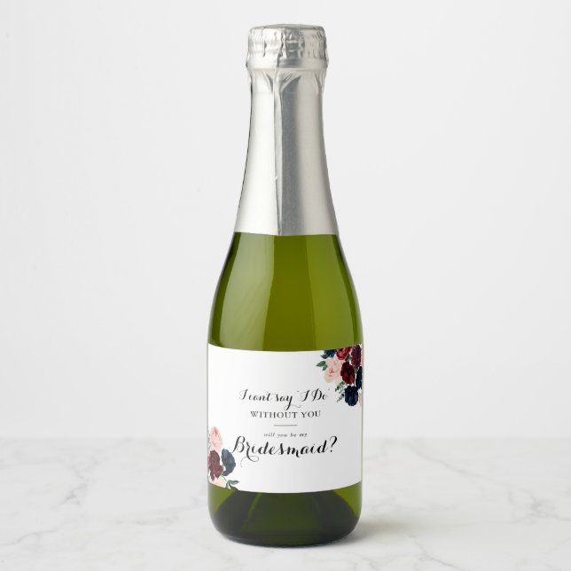 Burgundy Pink Navy Floral Bridesmaid Proposal  Sparkling Wine Label (Front)