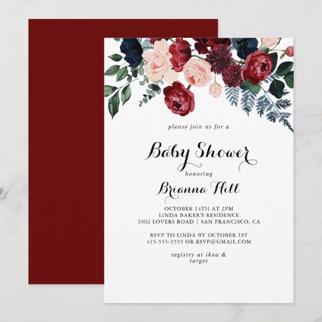 Burgundy Pink Navy Floral Calligraphy Baby Shower Invitation (Front/Back)