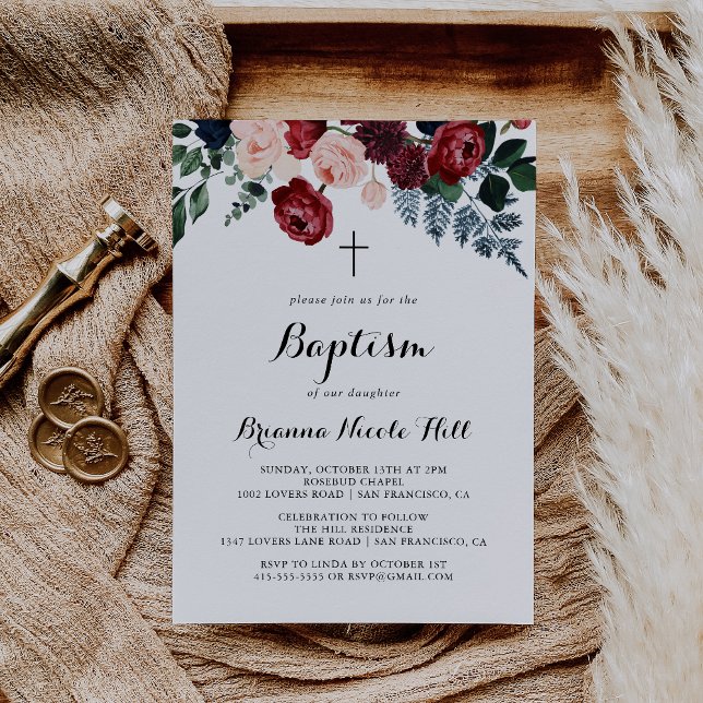 Burgundy Pink Navy Floral Calligraphy Baptism  Invitation (Creator Uploaded)