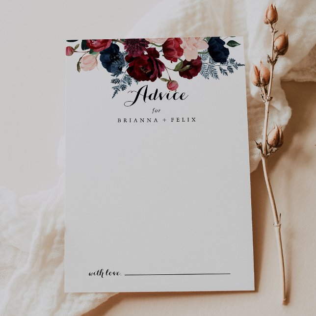 Burgundy Pink Navy Floral Calligraphy Wedding  Advice Card (Creator Uploaded)