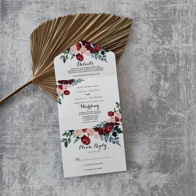Burgundy Pink Navy Floral Calligraphy Wedding    All In One Invitation (Creator Uploaded)