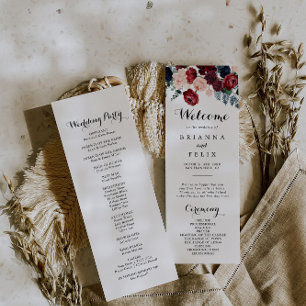 Burgundy Pink Navy Floral Calligraphy Wedding  Programme