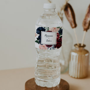 Burgundy Pink Navy Floral Calligraphy Wedding Water Bottle Label
