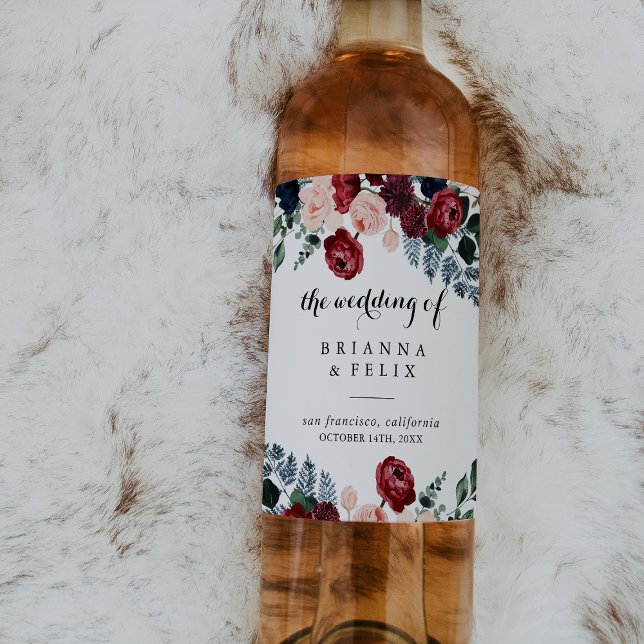 Burgundy Pink Navy Floral Calligraphy Wedding  Wine Label (Creator Uploaded)