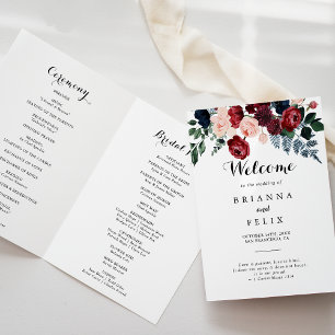 Burgundy Pink Navy Floral Folded Wedding Programme