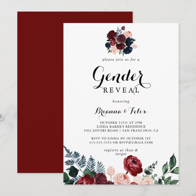 Burgundy Pink Navy Floral Gender Reveal Party Invitation (Front/Back)