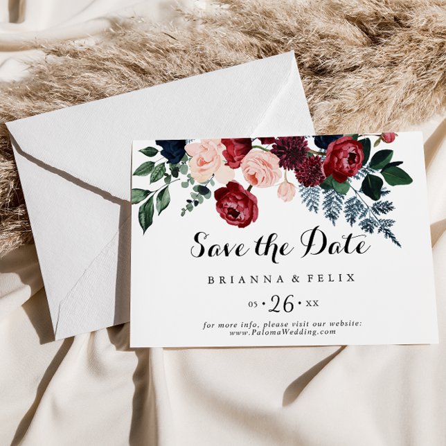 Burgundy Pink Navy Floral Horizontal Wedding Save The Date (Creator Uploaded)