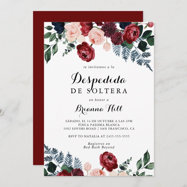 Burgundy Pink Navy Floral Spanish Bridal Shower  Invitation (Front/Back)