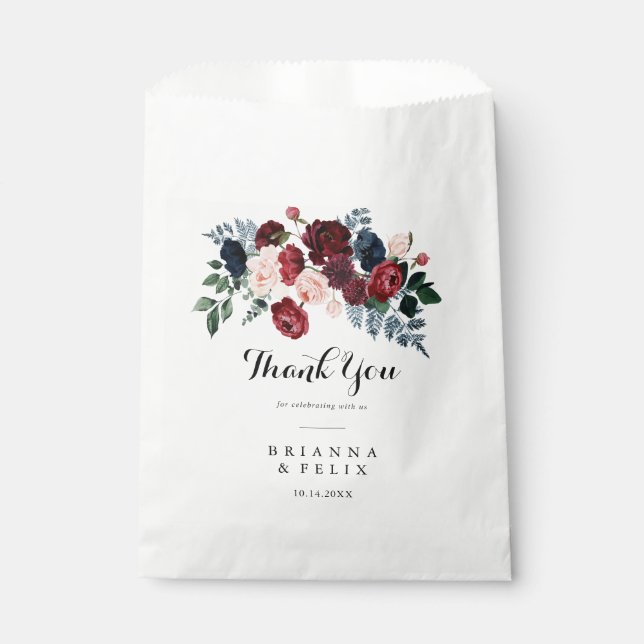 Burgundy Pink Navy Floral Thank You Wedding  Favour Bags (Front)