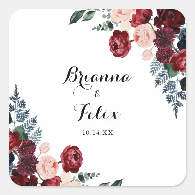 Burgundy Pink Navy Floral Wedding Envelope Seals (Front)